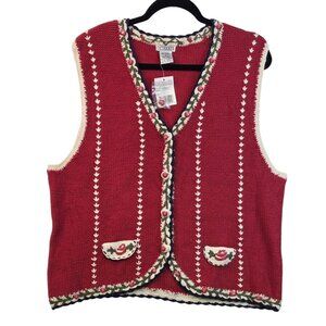 90s Knitted Floral Embroidery Sweater Vest Large Red Vintage Chunky Cottage Rose